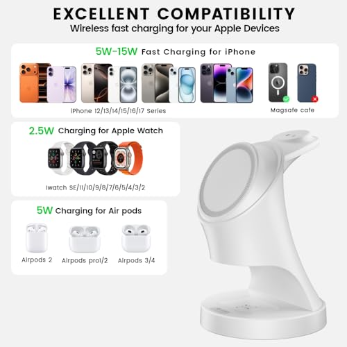 3 in 1 Wireless Charging Station for Apple Devices,Magsafe Charger for IPhone17 16 15 14 13 12 Pro/Max/Plus/Mini Wireless Charger Station for AirPods 2/3/4Pro iWatch Ultra11/10/9/8/7/SE/6/5/4/3/2 - color: White