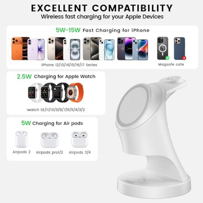 3 in 1 Wireless Charging Station for Apple Devices,Magsafe Charger for IPhone17 16 15 14 13 12 Pro/Max/Plus/Mini Wireless Charger Station for AirPods 2/3/4Pro iWatch Ultra11/10/9/8/7/SE/6/5/4/3/2 - color: White