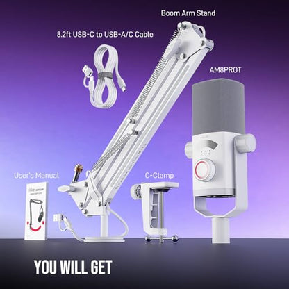 FIFINE AM8PROTW Streaming Microphone Kit for Gaming, XLR/USB Dynamic Mic | PC Microphone with RGB Boom Arm Stand, Mute Tap, 3-in-1 Volume Knob, Audio Balance, for Podcast Vocal, White - color: White
