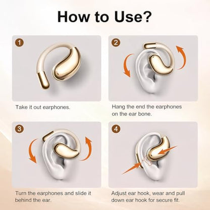 Open Ear Headphones Wireless Bluetooth 5.4, Air Conduction Wireless Earbuds with Ear Hooks and Mic, 50H LED Charging Case, IPX7 Water Resistant Sport Headphones for Running Gym Work - color: Khaki White