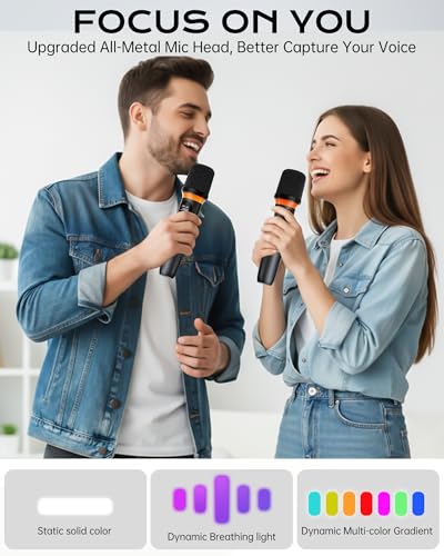 Wireless Microphone, One-Touch Mute & Dynamic RGB Lighting, Professional-Grade Dual Handheld Dynamic Microphone, 200-Foot Ultra-Long Range & 40-Hour Battery Life. for Singing and Family Gatherings.