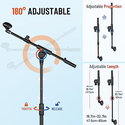 CAHAYA Mic Stand Heavy-Duty Super Resistent Tripod Boom Height Adjustable | Universal Microphone Arm Stand with 2 Mic Clips 3/8" to 5/8" Adapter for Most Mics for Singing Wedding Performance Podcast