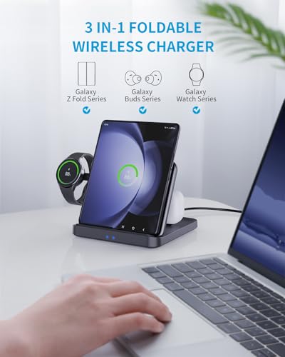 3 in 1 Foldable Wireless Charging Station for Galaxy Z Fold &Z Flip | 3-in-1 foldable fast charging dock compatible with Galaxy Z Fold 7,6,5,4, Flip6,5,Watch6,6 Classic,Galaxy Buds 2,Pro,Live