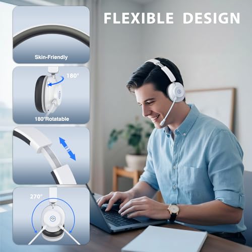 Bluetooth Headset with Microphone, Wireless Headset AI Noise Cancelling | Computer Headphone for Clear Call＆Meeting 47H Work, Dual-Mode Bluetooth 6.0 & 2.4GHz Dongle, Office/PC/Phone/Teams