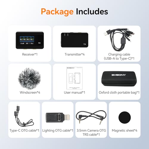 SVBONY D4 4-Person Wireless Lavalier Microphones Systems for Group Videos | Compatible with iPhone, Android, Camera, 2-Level Noise Reduction, 656ft Range, Smart Display, Magnetic Mount,Safety Track