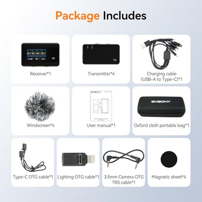SVBONY D4 4-Person Wireless Lavalier Microphones Systems for Group Videos | Compatible with iPhone, Android, Camera, 2-Level Noise Reduction, 656ft Range, Smart Display, Magnetic Mount,Safety Track