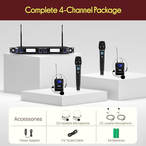 Pyle 4 Channel UHF Wireless Microphone System with 2 Handheld Mics, 2 Lavalier 2 Headsets & Beltpack Transmitters, 300ft Range, Rack Mount Receiver for Church, Meetings, DJ & PA Systems - style: 4-Channel All Mixed