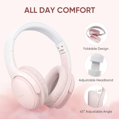 Wireless Headphones, Bluetooth Over Ear Headsets with Microphone, Hi-Fi Audio, 60H Playtime, Touch Control, Foldable Lightweight, On-Ear Headphones for Girls Women, Travel, Work, - color: Cherry Blossom Pink