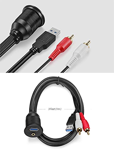 USB 3.0 and 2 RCA Male to 3.5mm Female AUX Flush Mount Cable, 3 ft | USB 3.0 Male to Female, 2 RCA Male to 3.5mm Female AUX, Dashboard Panel Mount, Extension Cable