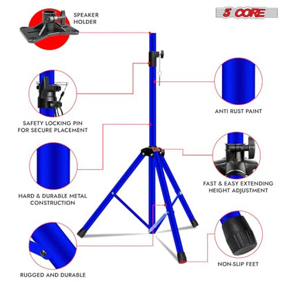 5 Core Speaker Stand Pair Universal Mount Steel Construction 132 Lb Capacity Stable Tripod w/Adjustable Height 72” w 35mm Compatible Insert Metal Safety Pin Included Bag - color: Blue