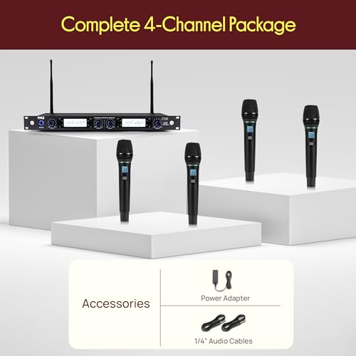 Pyle 4 Channel Wireless Microphone System with 4 Handheld Wireless Mics, UHF Cordless Microphones with Selectable Frequencies, Rack Mount Receiver for Karaoke, Church, DJ, Singing & PA Systems - style: 4-Channel Handheld