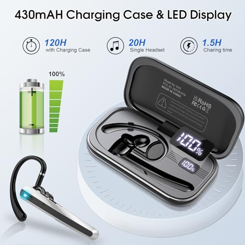 Bluetooth Headset V5.3, Wireless Headset with ENC Noise Canceling Mic | 120Hrs Talk Single-Ear Bluetooth Earpiece, LED Display, IP7 Waterproof Hand-Free Earphone for Business/Trucker/Driver - color: Mysterious Black