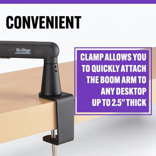 On-Stage MBS-LP1 Low-Profile Broadcast Boom Arm – Adjustable Mic Stand with 5/8" Thread, Cable Management, C-Clamp & Flange Mount – Quiet Hinges, 360° Swivel for Podcasting & Streaming