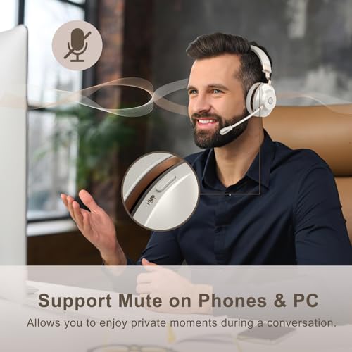 Wireless Headset with Mic for Work, Bluetooth Headset with Noise Cancelling Microphone, On Ear Wireless Headphones with USB Dongle & Mute Function for Work from Home Computer Office Teams Call Center