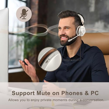 Wireless Headset with Mic for Work, Bluetooth Headset with Noise Cancelling Microphone, On Ear Wireless Headphones with USB Dongle & Mute Function for Work from Home Computer Office Teams Call Center