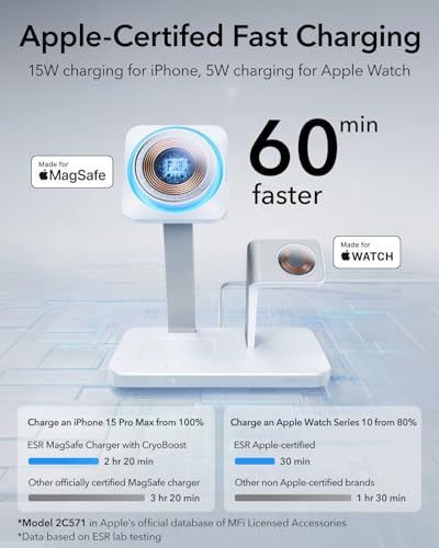 ESR 25W 3-in-1 Charger Stand for Magsafe, Made for Apple-Certified | Magnetic Wireless Charger with Cryoboost, Phone Cooling Charging Station for iPhone 17-12/Apple Watch/AirPods Pro, White