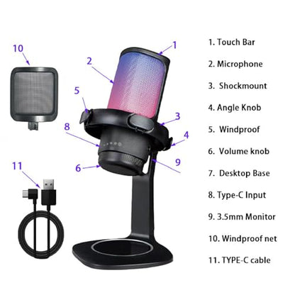 Fabater Gaming USB Microphone, RGB Condenser Mic with Quick Mute, Filter, Shock Mount, Noise Cancelation & Gain Control, PC Cardioid Mic for Streaming, Podcasts, Computer & Laptop