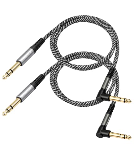 2-Pack 1/4 Inch TRS Cable Right Angle to Straight,3.3FT, 6.35mm Balanced 1/4 Audio Cable for Electric Guitar Bass Keyboard Mixer Amplifier Speaker - color: 3Ft
