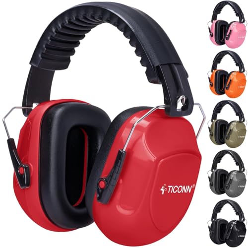 TICONN Noise Cancelling Ear Muffs for Adults, SNR 33dB Hearing Protection, Adjustable Safety Earmuffs for Construction - color: Red