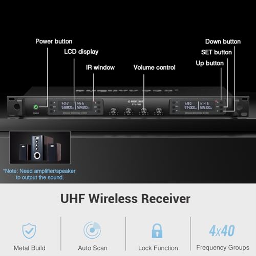 Phenyx Pro 4-Channel UHF Auto Scan Wireless Microphone System PTU-7000-2H2B | 2 Handheld Mics, 2 Bodypacks, Headset/Lapel Mics, 4 x 40 Frequencies, 328 ft, Mics for speaking, church, wedding, meeting