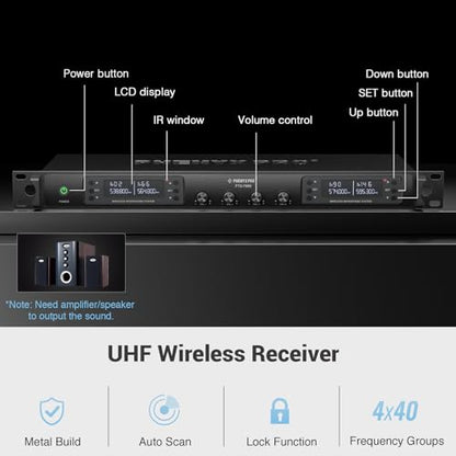 Phenyx Pro 4-Channel UHF Auto Scan Wireless Microphone System PTU-7000-2H2B | 2 Handheld Mics, 2 Bodypacks, Headset/Lapel Mics, 4 x 40 Frequencies, 328 ft, Mics for speaking, church, wedding, meeting