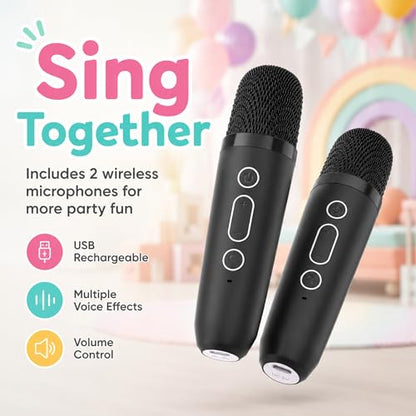 Karaoke Machine for Kids Boys, 2 Mics with Voice Changer, Black | Rechargeable,Portable,Bluetooth,TF Card,Headphone Jack,Sing Toy,Gift for Boys
