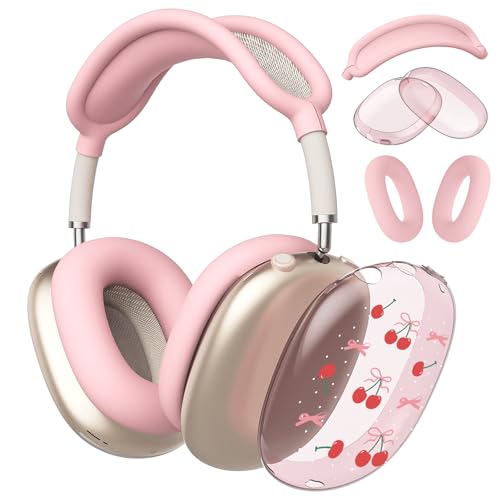 Cute Lovely Girls Clear Case for Airpods Max Headphones Pink Cherry Bows Soft TPU Ear Cups Cover Anti-Scratch Silicone Ear Pad Protective Case 53 Headband Cover for Apple Airpods Max - color: Pink bow cherry 06