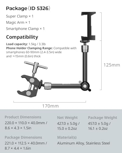 SmallRig Clamp w/ 1/4" and 3/8" Thread Holes, 9.8 Inches Adjustable Friction Power Articulating Magic Arm with Phone Holder for Action Cameras, Smartphones, LCD Monitor/LED Lights - 5326 - size: 9.8''+phone clamp