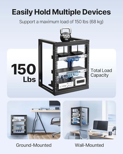 VEVOR 12U Open Frame Server Rack, Free Standing or Wall Mount Rack with 180 Degrees Gate Swing, Network Rack for 19" IT Equipment & A/V Devices - size: 12U Wall Rack