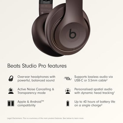 Beats Studio Pro Premium Wireless Over-Ear Headphones- Up to 40-Hour Battery Life, Active Noise Cancelling, Great for Travel & Commuting, USB-C Lossless Audio, Apple & Android Compatible - Deep Brown | Active Noise Cancelling with 40-hour battery and USB-