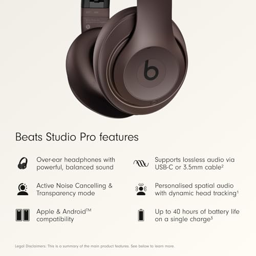 Beats Studio Pro Premium Wireless Over-Ear Headphones- Up to 40-Hour Battery Life, Active Noise Cancelling, Great for Travel & Commuting, USB-C Lossless Audio, Apple & Android Compatible - Deep Brown | Active Noise Cancelling with 40-hour battery and USB-