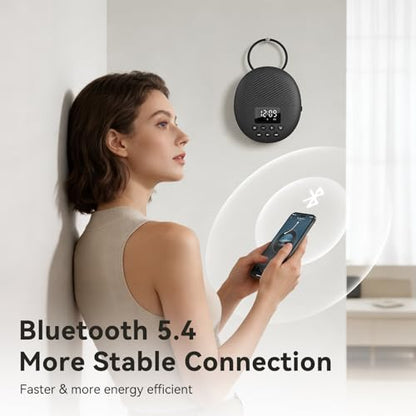 AGPTEK Bluetooth 5.4 Shower Radio Speaker, Waterproof Bathroom FM Radio | 12H Long Playback Time, Suction Cup & Lanyard, LCD Screen Display, Handsfree Calling, Storage Card Playback (Black)