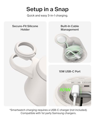 Belkin Qi2.2 25W Magnetic Wireless Charging Station, 3 in 1 Samsung Charger | Fast Charging, MagSafe Compatible, Samsung Galaxy S26, Android Charger, Pixel 10, iPhone 17/16/15, Apple Watch, AirPods - color: Sand