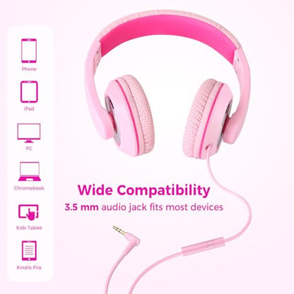 rockpapa Comfort+ Kids Headphones with Microphone, Boys Girls Student Over-Ear Headphones Wired Foldable for School Classroom Laptop PC Computer Tablet Pink - color: Hot Pink