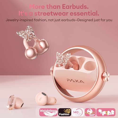 PAXA 3 in 1 Ctbuds Stylish Jewelry-Style Clip on Open Ear Headphones Wireless Earbuds, Instant Earring Mode, Ultra-Long 140H Play, Bluetooth 6.0, All-Day Wear for Work Fitness Daily Use, Rose Gold - color: H-Rose Gold-Gold Butterfly Earring