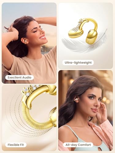 JewelPods C3 Wireless Bluetooth Earbuds, Jeweled Open-Ear Headphones, Gold | Ultra-Light Memory Wire Clip-On Earrings for All-Day Comfort, 60H Playtime, Sweat & Water Resistant, Premium Sound - color: Gold