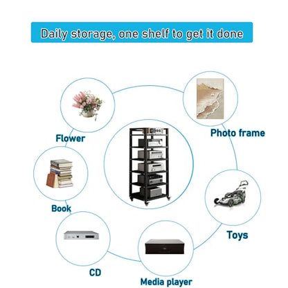 6 Tier Audio Rack Tower, CD Record Player Stereo Receiver AV Equipment Cabinet Display Rack, Weight Capacity 661 lbs, with Adjustable Wooden Shelves for Home (6 Tier Black) - size: 6 Tier Black