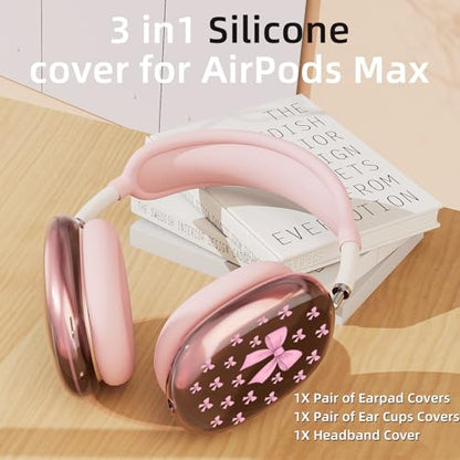 Cute Pink Bowa Clear Case for Airpods Max Headphones Stylish Girl Pattern Soft TPU Ear Cups Cover Anti-Scratch Silicone Ear Pad Protective Case Kawaii Headband Cover for Apple Airpods Max - color: Pink bow A