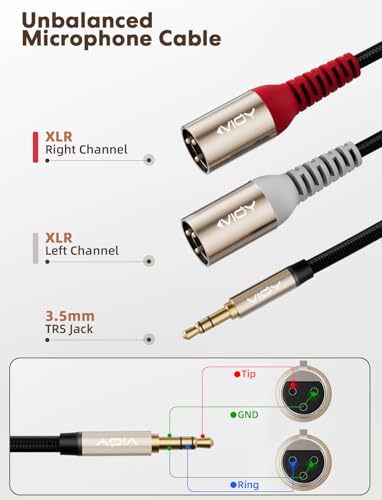 VIOY 3.5mm TRS to Dual XLR Male Cable, Unbalanced Microphone Cord, 6.6 FT | multi-layer shielding noise reduction, nylon braided mic Y splitter, splits stereo signal to L/R mono XLR channels - size: 6.6FT