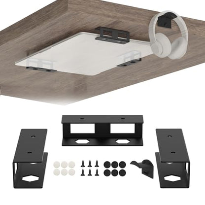 Under Desk Laptop Mount Metal Under Desk Laptop Holder with Anti-Scratch Pads Compatible with Lenovo HP Asus Acer Laptop,Mac Mini,Macbook,Keyboard Under Desk Shelf Tray with Headphone Hanger