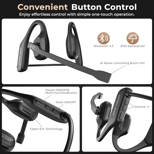 Air Conduction Open Ear Headphones with Mic, AI Noise Cancelling Bluetooth Headset, Dual Connect Wireless Headphones with Mute Button, 32g Lightweight for Work, Driving, Workout, Calls Black