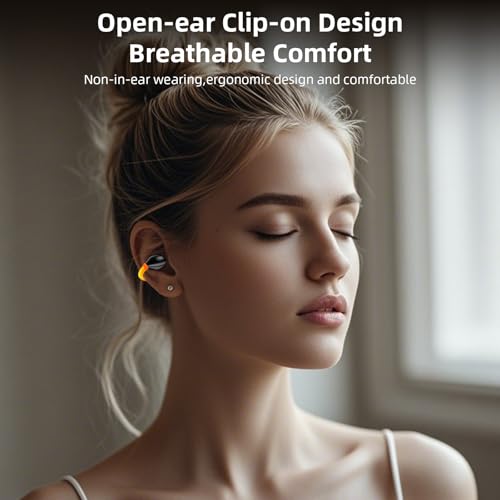 Open Ear Sport Earbuds, Clip on Bluetooth Headphones for Running Workout | Wireless Bone Conduction Earphones with Secure Fit Comfortable, Built-in Mic for Calls, Lightweight Headset for iPhone, Black