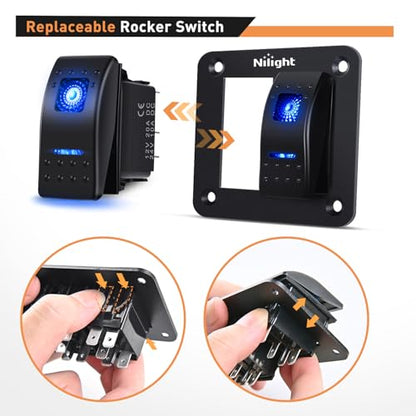 Nilight 90106B 2 Gang Rocker Switch Panel 5 Pin On Off Pre-Wired Rocker Switch Aluminum Panel Waterproof Switche Panel for 12V/24V Automotive Cars Marine Boats ATVs Trailers,2 Years Warranty , Blue - color: Blue, size: 2 Gang