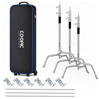 3-Pack Heavy Duty C-Stands Kit, 6.9ft Stainless Steel Stands with 34.6in Boom Arms, 6 Grip Heads and TB-130 Wheeled Rolling Case for Studio Lighting - size: 210CM C Stand 3 Pack with TB-130