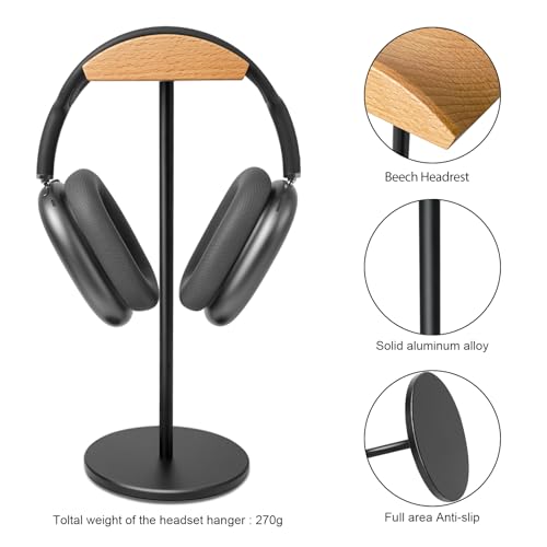 Headphone Stand for Desk - Gaming Headset Stand with Wooden Support Plate, Headset Holder with Aluminum Alloy Support Rod - color: Beech wood