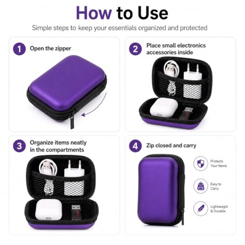Headphone Case Hard Edge Zipper Bag Compact Portable Headset Storage Bag for Wireless,Headphones Earbuds Cables Charging Cable Travel Waterproof Commuting Home - color: Purple
