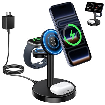 Aeinidi 2026 3 in 1 Wireless Charging Station Compatible with MagSafe Charger Stand, 15W Fast Magnetic Mag-Safe Charger for iPhone 17 16 15 14 13 12 Series Apple iWatch AirPods Pro 4 3 2, Black - color: Black for Apple