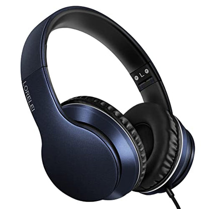 LORELEI X6 Over-Ear Headphones with Microphone, Lightweight Foldable & Portable Stereo Bass Headphones with 1.45M No-Tangle, Wired Headphones for Smartphone Tablet MP3 / 4 (Dark Blue) - color: Dark Blue