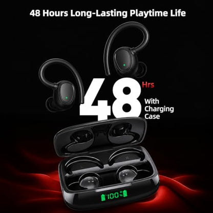 Wireless Earbuds Bluetooth 5.3, 42H Playtime, Over-Ear Sport Earbuds with Earhooks, Charging Case, Deep Bass, Built-in Mic, Waterproof Headphones for Running Gym, Black