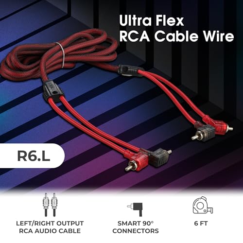 DS18 R6.L 100% Oxygen Free Copper OFC Ultra Flex 2-Channel RCA with 90 Degree Ends - Dual Twist Wire Noise Reducing Audio Cable for Amplifiers, Subwoofers, Speakers - 6 FT